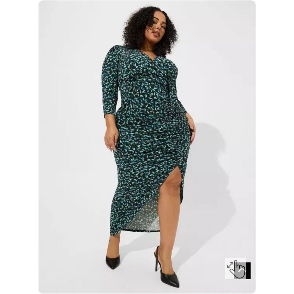Torrid Black Teal Green Maxi Studio Hi-Low Side Ruched Midi Dress sz 26 NWT